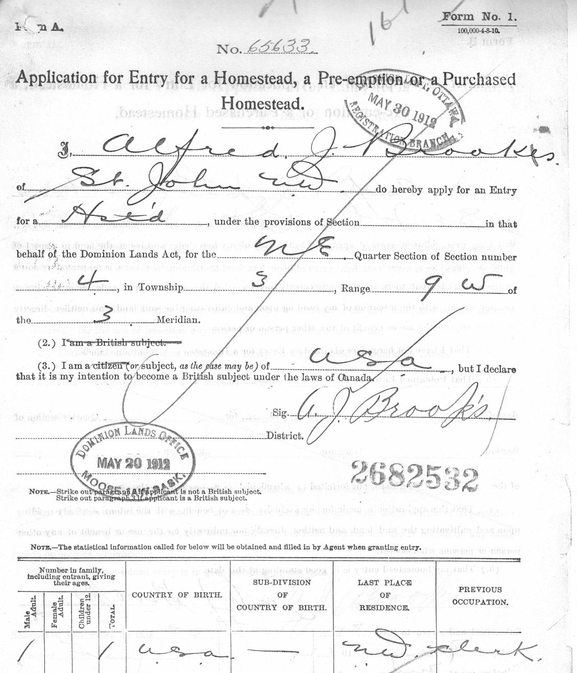 Form A Application for Entry to Canada and for a Homestead in Lafleche Saskatchewan - Alfred  Brooks